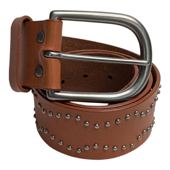 BCBGMaxazria Tan Leather Boho Studded Wide Silvertone Buckle Belt, S - Picture 1 of 10